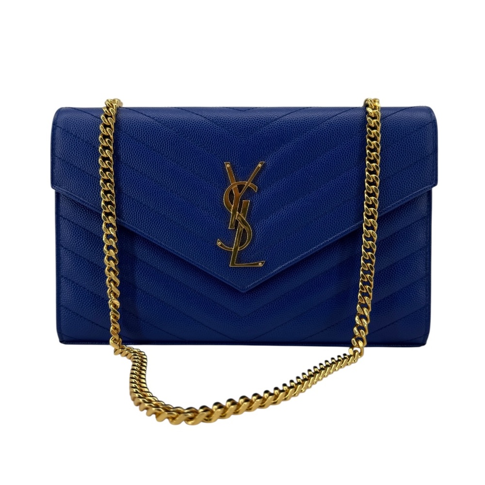 Saint Laurent Blue Majorelle Grain de Poudre Chevron Monogram Chain Wallet
